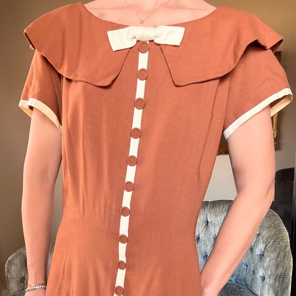 1940s brown linen a line midi dress decorative button front vintage medium - Picture 2 of 13